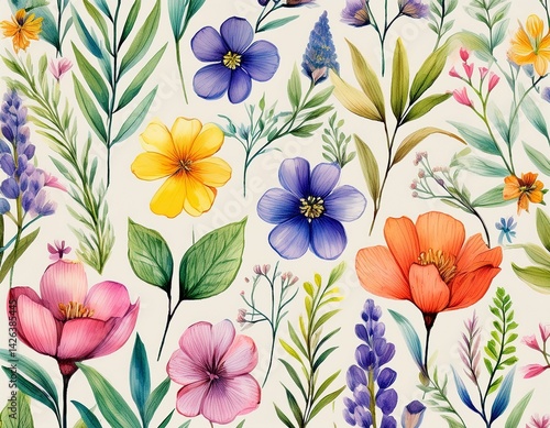 floral watercolor pattern with spring flowers and herbs
