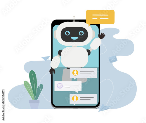 Online consultant support in smartphone, AI chat bot funny robot assistant