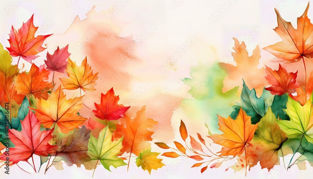 Watercolor Abstract Autumn Collection Maple and Seasonal Leaves in a Vibrant Palette of Amber and Crimson, Illuminating an Enchanting Scene for Digital Art, Home Decor, or Design Inspiration. Watercolor Abstract Autumn Collection Maple and Seasonal Leaves in a Vibrant Palette of Amber and Crimson, Illuminating an Enchanting Scene for Digital Art, Home Decor, or Design Inspiration.