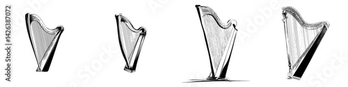 Classic harp icon set showcasing various designs and perspectives in black and white