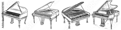 Icon set depicting various grand pianos showcasing different designs and styles for music enthusiasts and artists