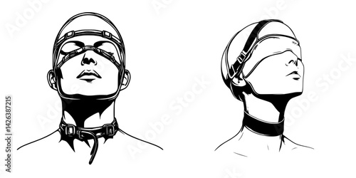 Icon set featuring abstract figures with blindfolds and harnesses, suggesting themes of restraint and surrender in a minimalist style