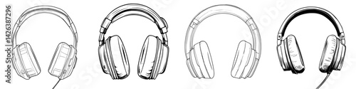 Collection of detailed line art showing various styles of headphones suitable for music lovers and audio enthusiasts