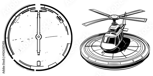 Detailed icon set featuring a helicopter and a radar design for digital applications and graphic interfaces