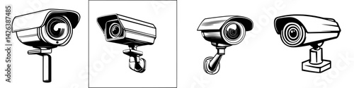 Icon set showcasing various styles of surveillance cameras designed for digital applications and interfaces