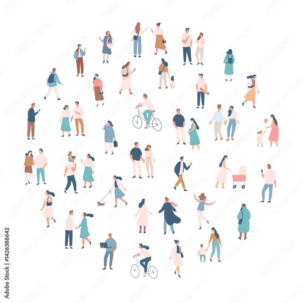 People crowd. Background flat design people vector bundle isolated on white background. Men and women, parents, kids walking outdoor. People crowd. Background flat design people vector bundle isolated on white background. Men and women, parents, kids walking outdoor.