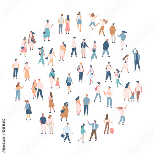 People crowd. Background flat design people vector bundle isolated on white background. Men and women, parents, kids walking outdoor.	