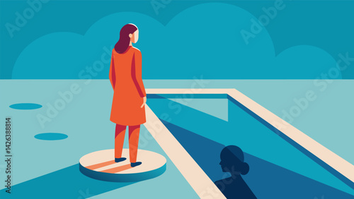 A person standing in front of a reflective pool gazing at their own reflection as they contemplate the changes they wish to make in themselves.. Vector illustration