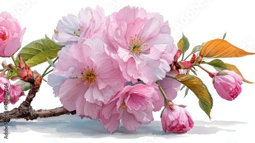 Close up view of a delicate pink cherry blossom branch with varying stages of bloom, set against a bright background.