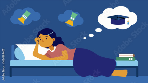 A student tosses and turns in bed unable to fall asleep as the thought of paying off their student loans consumes their mind.. Vector illustration