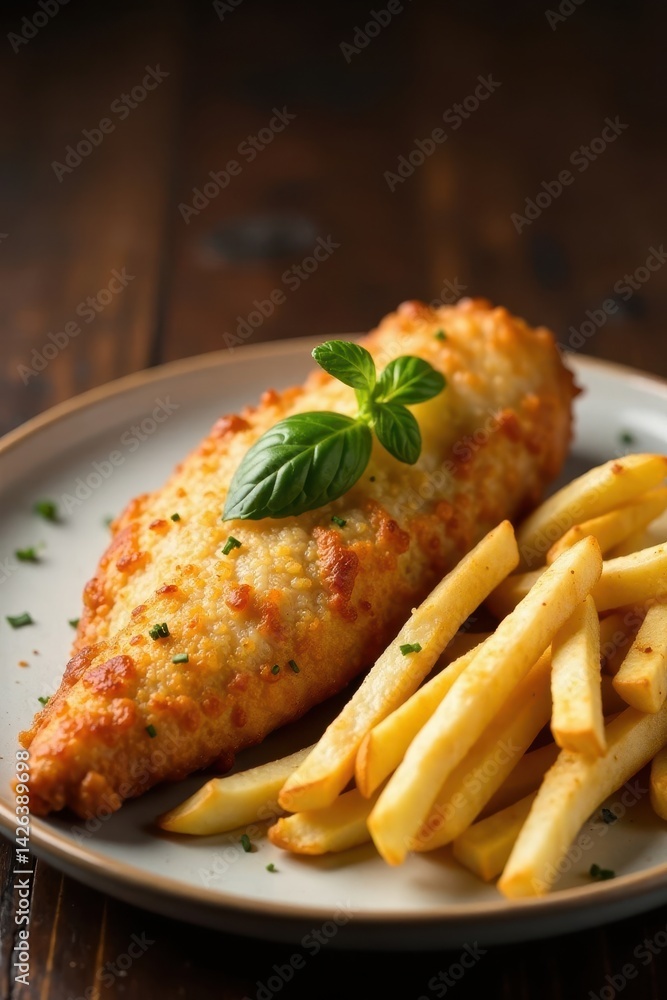 Crispy fried fish on a plate with golden brown French fries, fish, restaurant food Crispy fried fish on a plate with golden brown French fries, fish, restaurant food