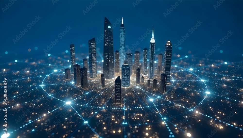Fototapeta premium A futuristic cityscape with glowing networks, interconnected nodes, and digital web, the city is bathed in a cool blue light