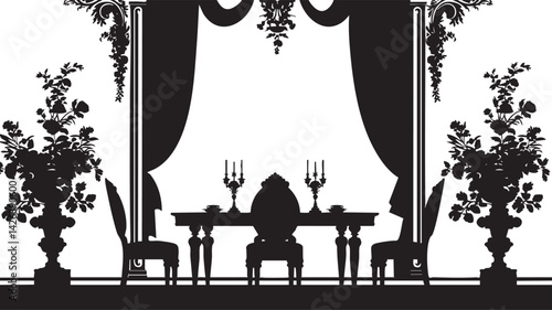Silhouette of an elegant classic dining room setup with ornate chairs table candles and floral vases