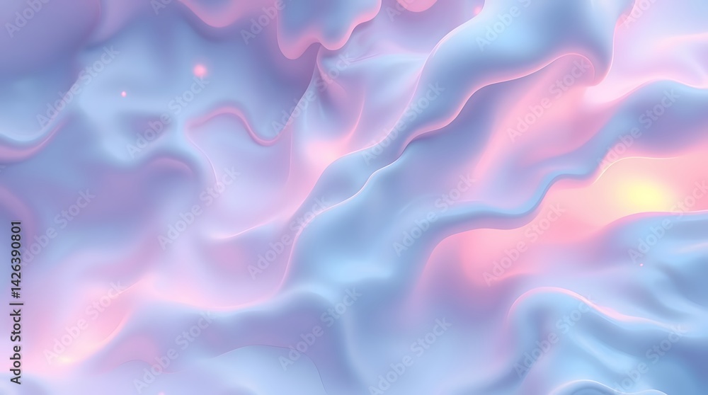 Obraz premium Dreamy abstract background featuring gently flowing, wavy shapes in soft pastel shades of blue, purple, and pink, with subtle hints of yellow light emanating from within.