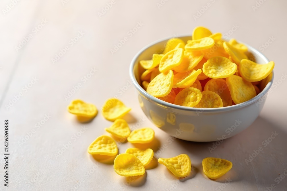 Crunchy golden cassava chips scattered in a bowl, snack, scattered Crunchy golden cassava chips scattered in a bowl, snack, scattered