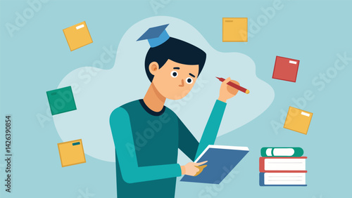 A busy college student hastily scribbles down the date of their student loan bill on a note to ensure they dont forget to make the payment.. Vector illustration