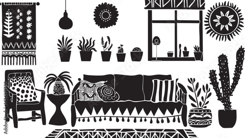 Black and white silhouette illustration of a cozy living room interior with sofa, armchair, potted plants, and decorative elements