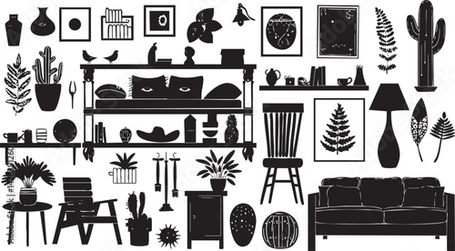 Black and white silhouette of modern home interior furniture with plants, shelves, sofa, chairs, and decorative items