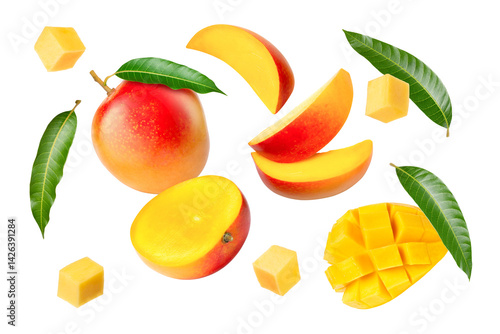 Mango fruit with half slices isolated on white background. 