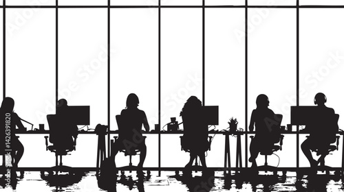Silhouettes of six people sitting at desks in a modern office meeting or conference room