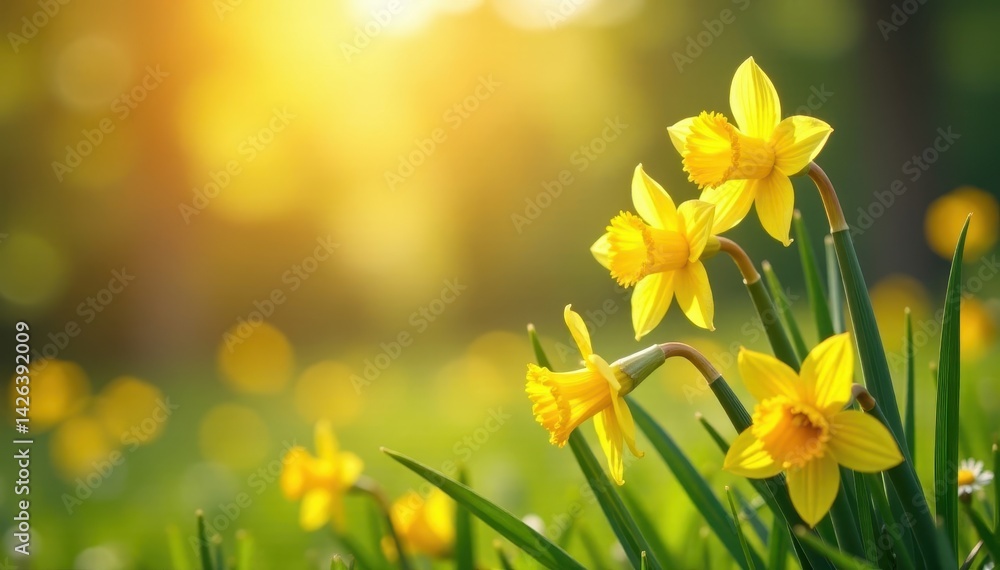 Daffodils and daisies unfolding in the warm sunlight, daisy, daffodil Daffodils and daisies unfolding in the warm sunlight, daisy, daffodil