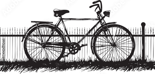 Black silhouette of a classic bicycle parked against a fence on grass in a minimalist style