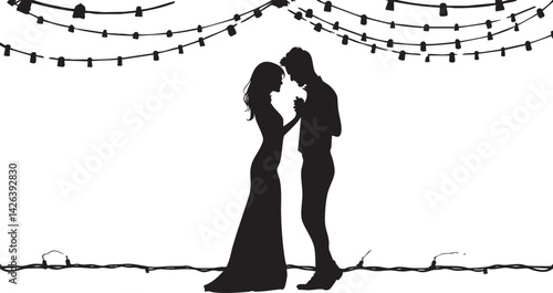 Silhouette of a romantic couple standing close under hanging string lights at an evening celebration.