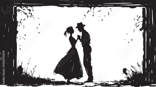 Silhouette of a romantic couple sharing an intimate moment outdoors in nature with artistic black and white design.
