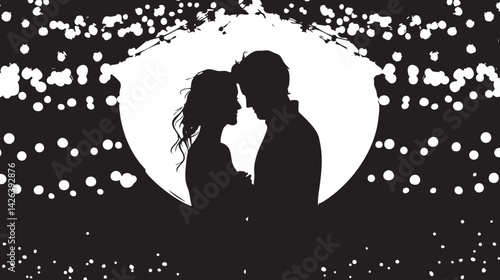 Silhouette of a romantic couple standing close under moonlight surrounded by glowing lights at night