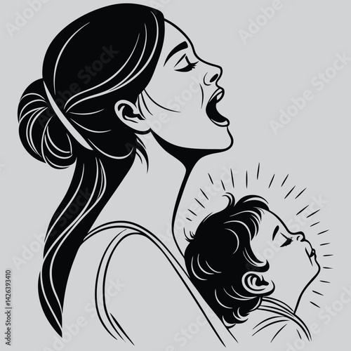 Mom singing lullaby image silhouette design vector art and illustration	
