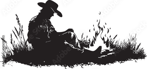 Silhouette of a cowboy sitting by a campfire outdoors surrounded by grass and nature