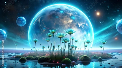 Futuristic Alien Planet with Glowing Flowers 4K Stock Video.

