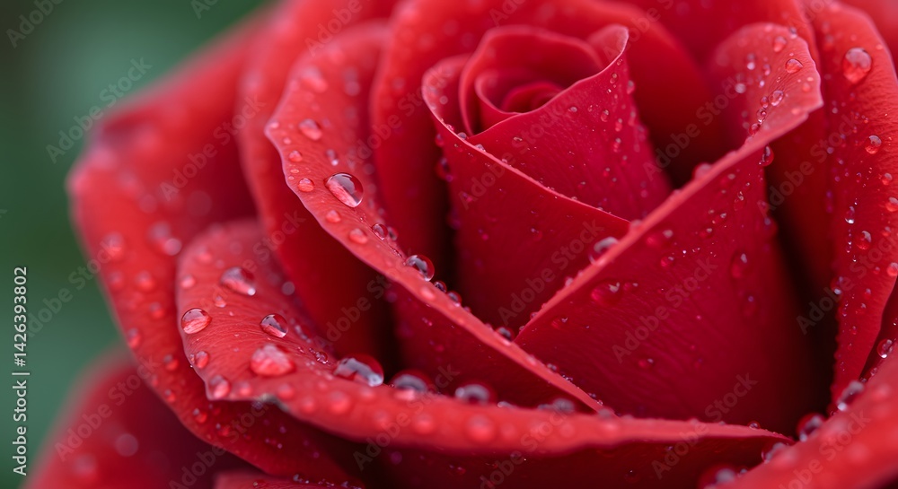 AI image offering a delicate macro perspective of a lush red rose adorned with sparkling water drops, against a soft background.