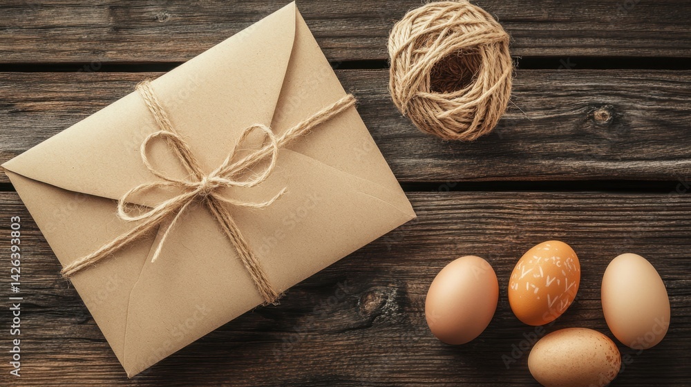 Fototapeta premium Rustic Easter card with natural twine and kraft paper envelope