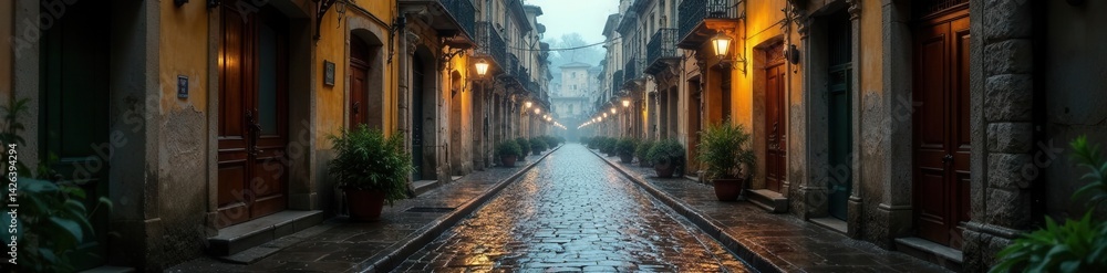 Obraz premium Rain-soaked cobblestone street, ancient buildings, serene ambiance, photography, pictures