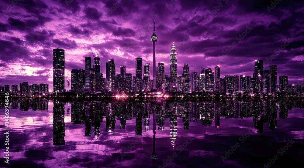 Fototapeta premium Purple-hued city skyline reflected in calm water at dusk