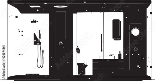 Modern bathroom interior with shower, toilet, sink, and storage cabinet in minimalist design