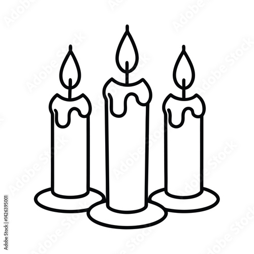Three candle line art illustration of decorative wax candles with burning flames