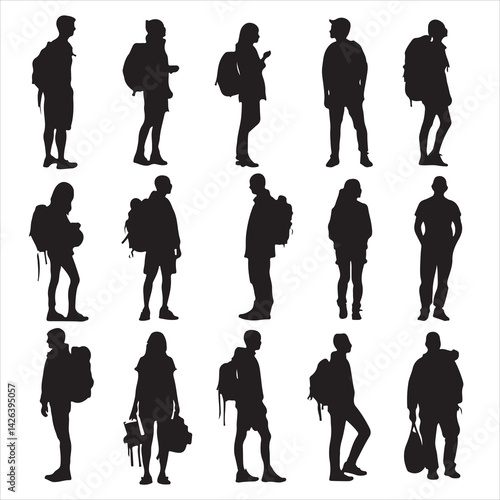 Diverse group of travelers in silhouette, ready for adventure.
