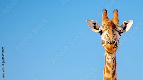 close up of giraffe against clear blue sky, showcasing its unique features and playful expression