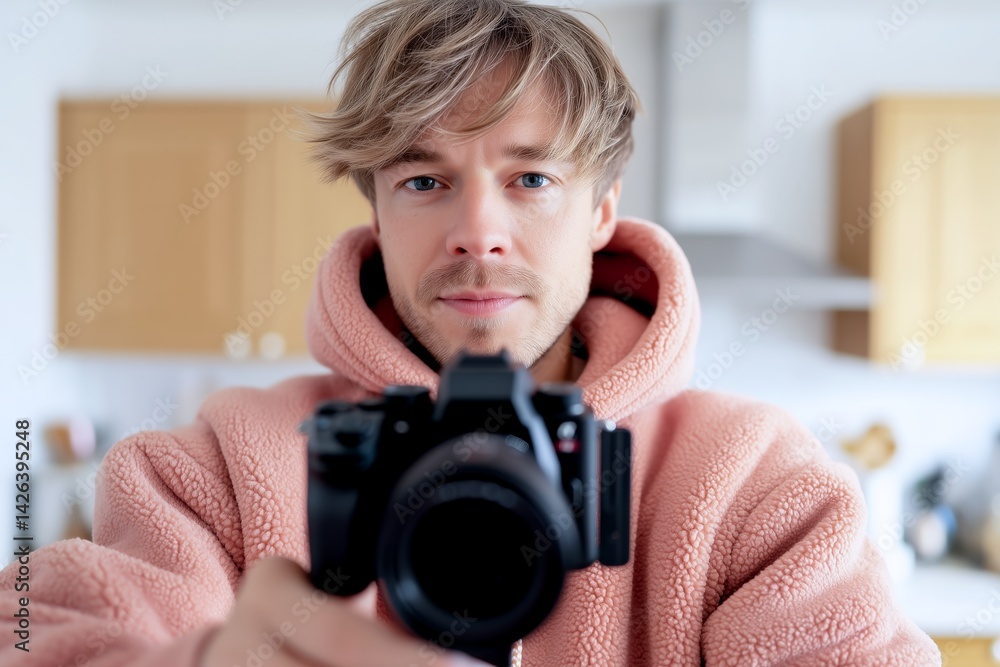Young male vlogger recording video content at home in kitchen