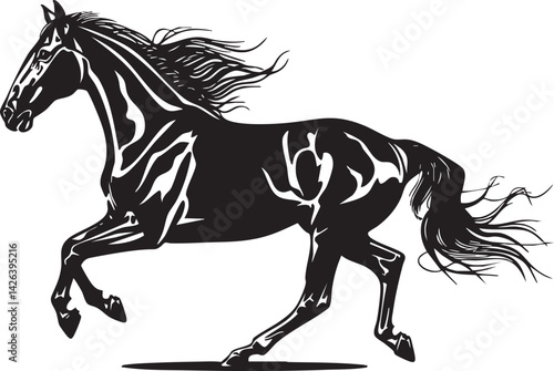 Black silhouette of a horse running with flowing mane and tail on white background