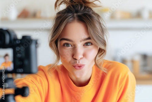 young female vlogger influencer making kissy face while recording video at home