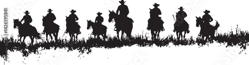 Silhouette of seven cowboys riding horses in a row on grassy terrain with western style hats