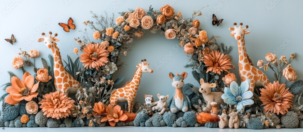Obraz premium Giraffe and animal figurines in flower arrangement