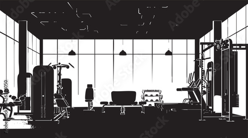 Silhouette of a modern gym interior with various fitness equipment and workout machines in black and white.