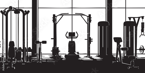 Silhouette of gym fitness equipment in a workout room with various exercise machines