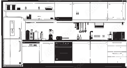 Black and white modern kitchen interior with appliances and organized cabinets for cooking and storage