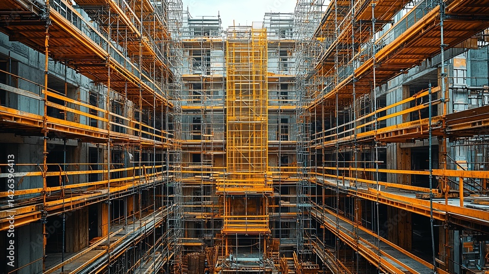 High-rise construction site, encased in scaffolding. High-rise construction site, encased in scaffolding.