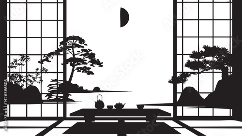 Silhouette of a traditional Japanese tea room interior with garden view and bonsai trees under the moonlight